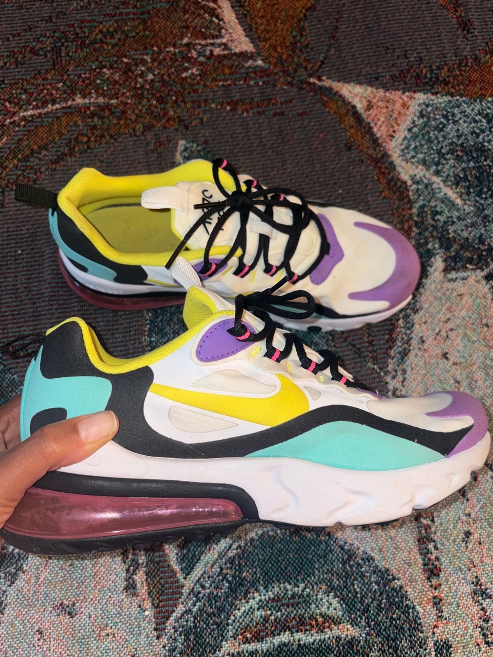 Nike Air Max 270 React 'GeometricAbstract' Multicolor in White Purple Yellow Min - Picture 2 of 7